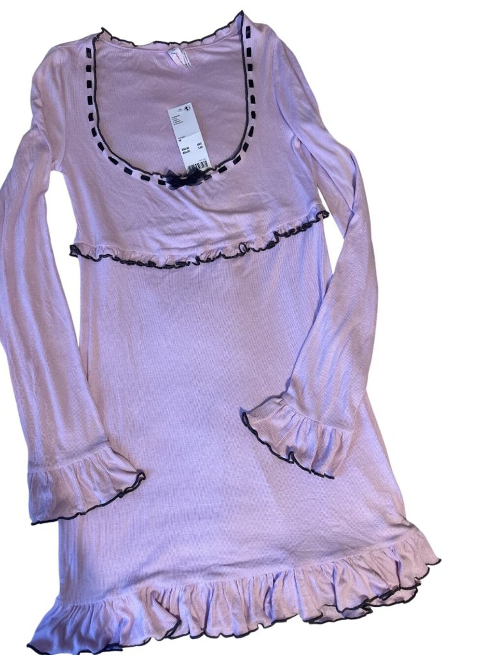 Long-Sleeve Ruffled Lilac Nightgown With Black Trim & Scoop Neck